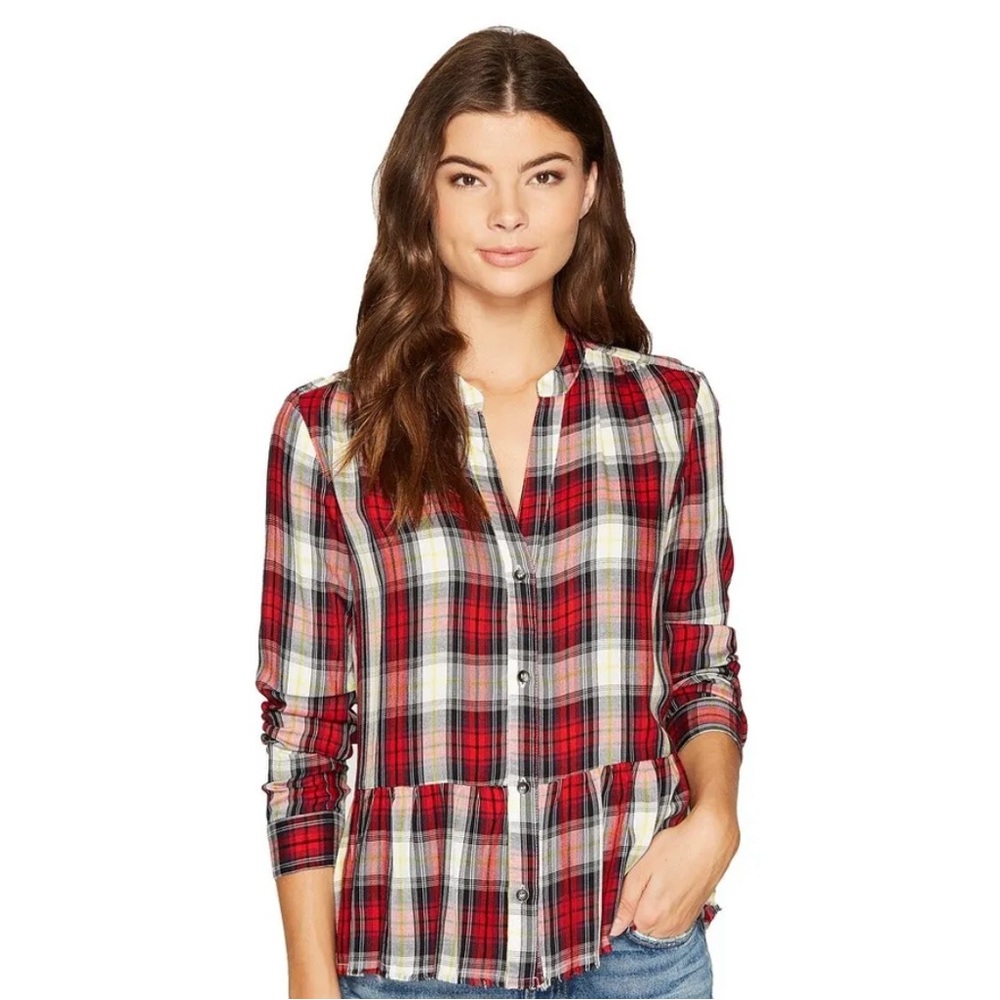 SPLENDID Size XS Peplum Plaid Raw Edge Top Split Neck Long Sleeve Red 100% Rayon